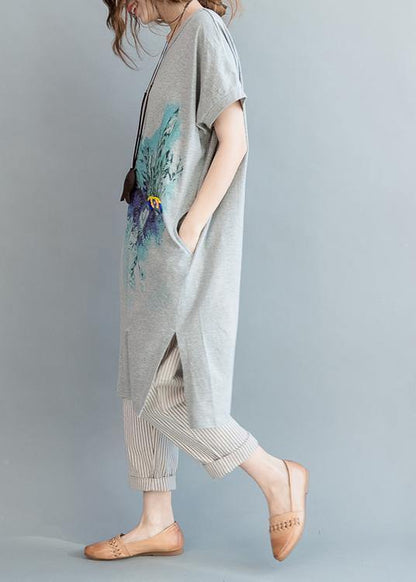 Organic Grey Print Cotton Side Open Summer Vacation Dresses