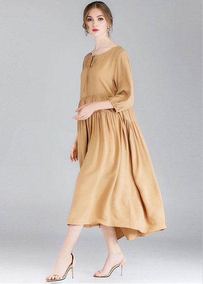 Organic Khaki Drawstring Low High Design Spring Holiday Dress Three Quarter Sleeve