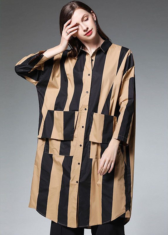 Organic Khaki Striped Peter Pan Collar Long Shirts