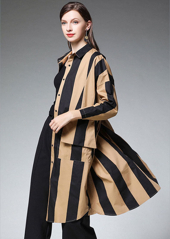 Organic Khaki Striped Peter Pan Collar Long Shirts