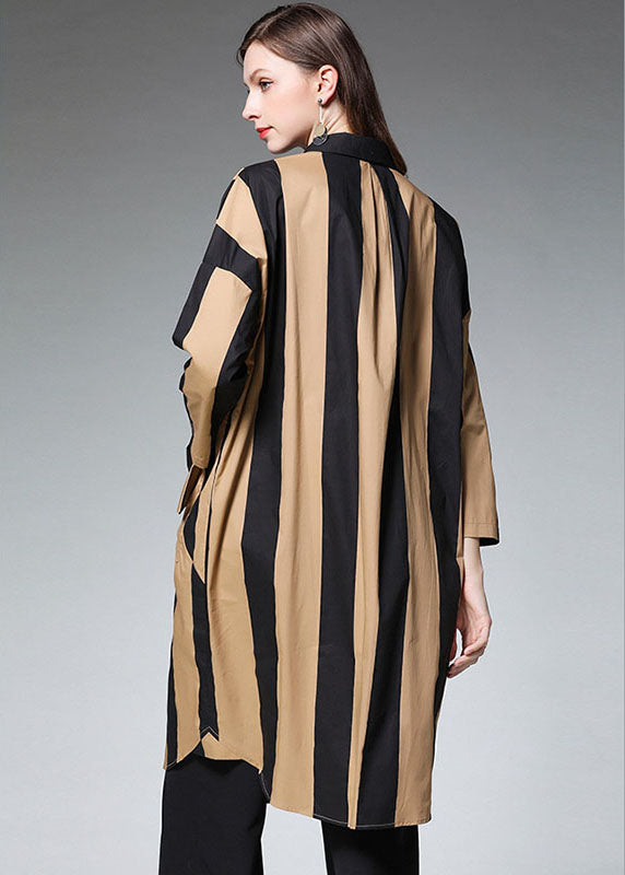 Organic Khaki Striped Peter Pan Collar Long Shirts