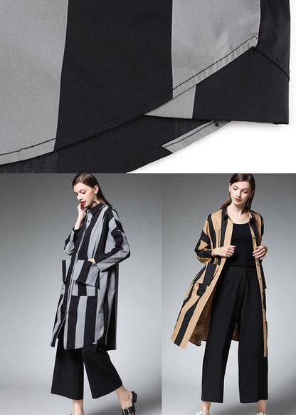 Organic Khaki Striped Peter Pan Collar Long Shirts