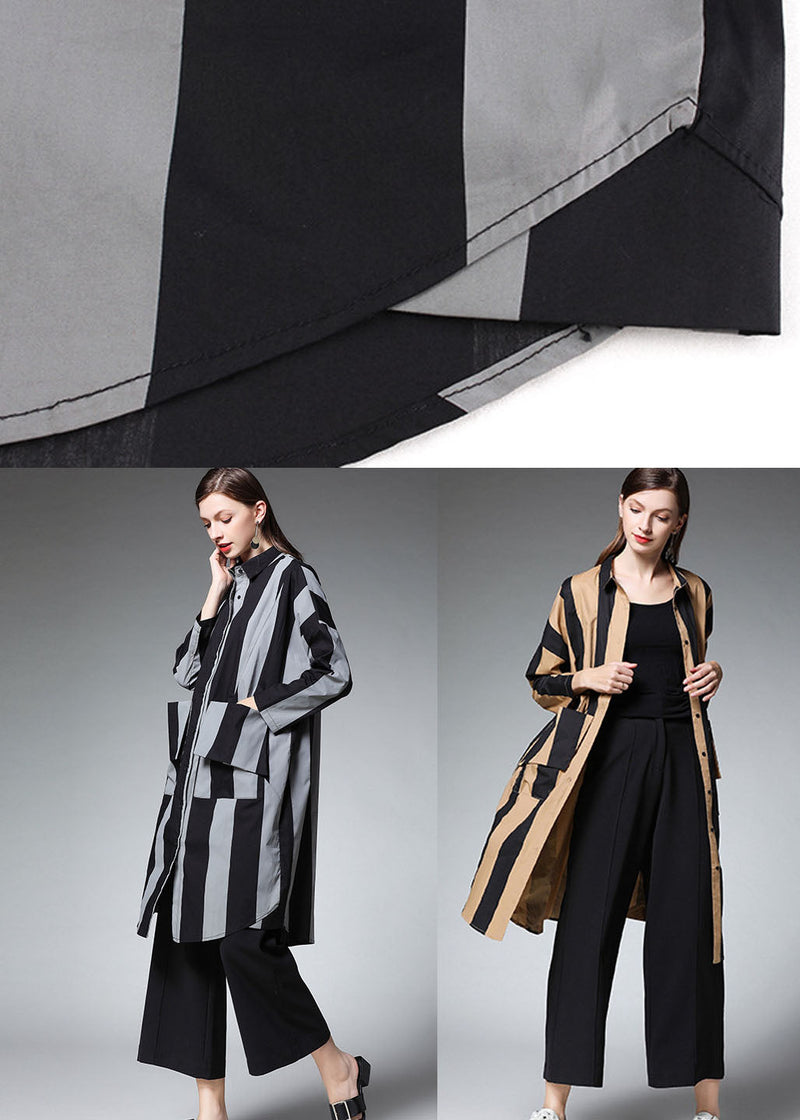 Organic Khaki Striped Peter Pan Collar Long Shirts