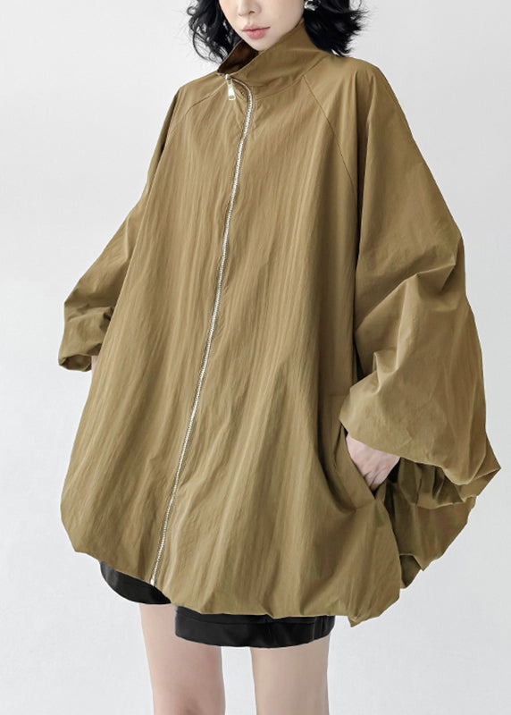 Organic Khaki Zippered Patchwork Trench Coats Fall