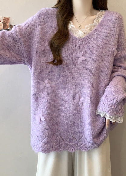 Organic Lavender Oversized Patchwork Butterfly Knit Sweaters Fall