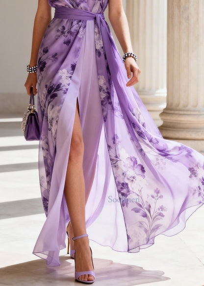 Organic Lavender Tie Waist Print Chiffon Vacation Dress Summer