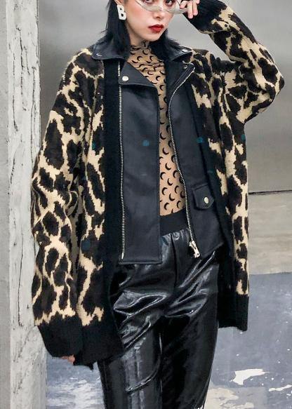 Organic Leopard Coats Cotton Lapel Zippered Outwear