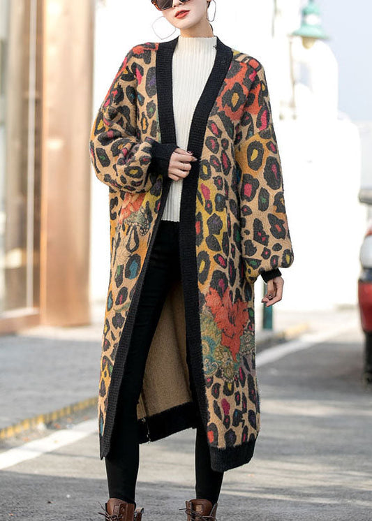 Organic Leopard Loose Print Fall Knit Long Sleeve Cardigan
