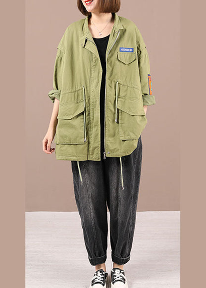 Organic Light Green Loose Zippered Pockets Fall Tie Waist Long Sleeve Coat