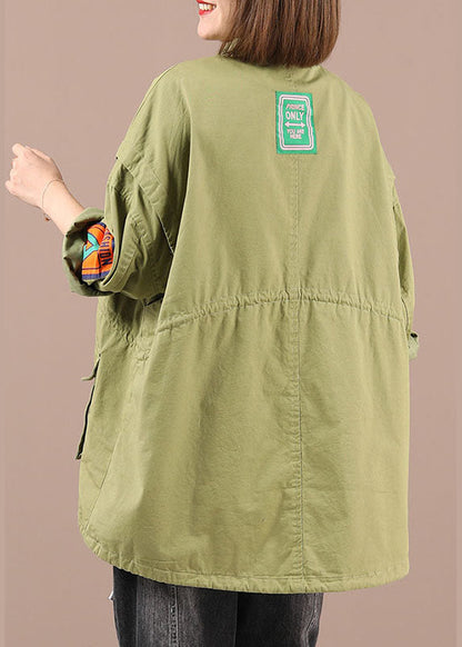 Organic Light Green Loose Zippered Pockets Fall Tie Waist Long Sleeve Coat