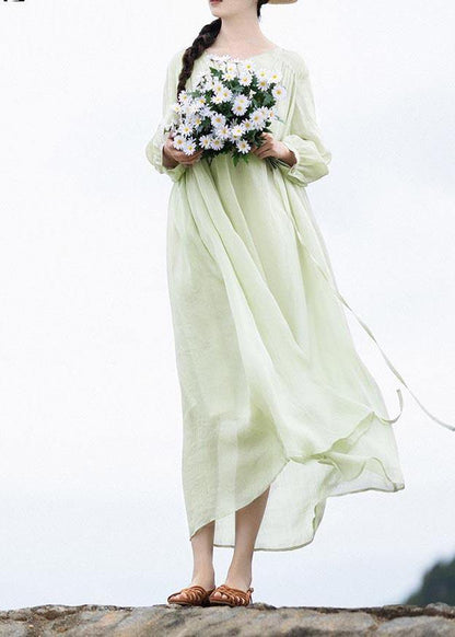 Organic Light Green V Neck Pockets Ankle Summer Linen Dress