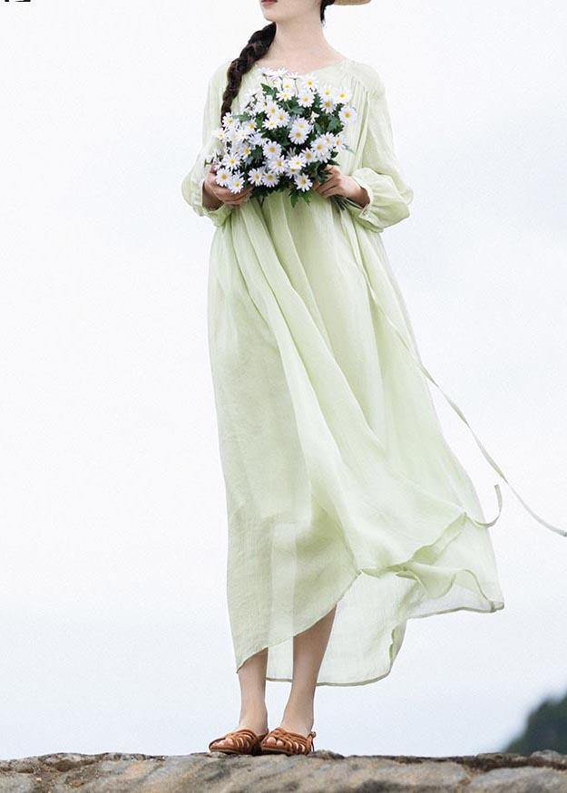 Organic Light Green V Neck Pockets Ankle Summer Linen Dress
