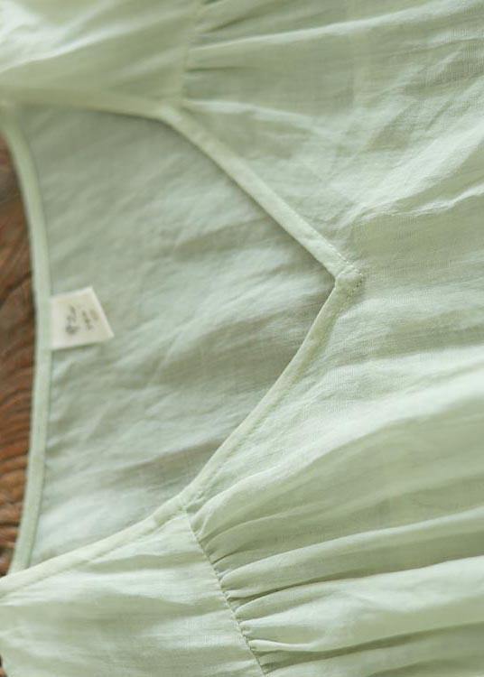 Organic Light Green V Neck Pockets Ankle Summer Linen Dress