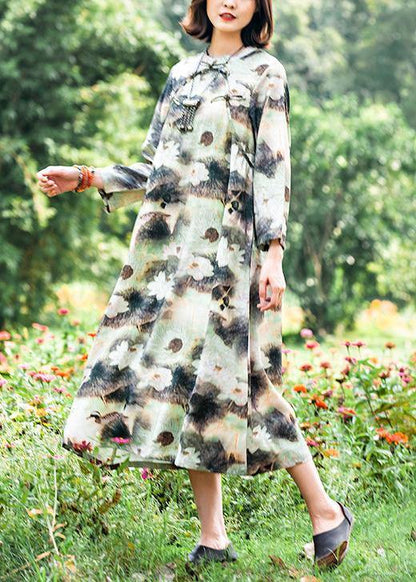 Organic Lotus Quilting Dresses Stand Collar Chinese Button Robes Spring Dresses