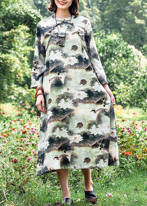 Organic Lotus Quilting Dresses Stand Collar Chinese Button Robes Spring Dresses