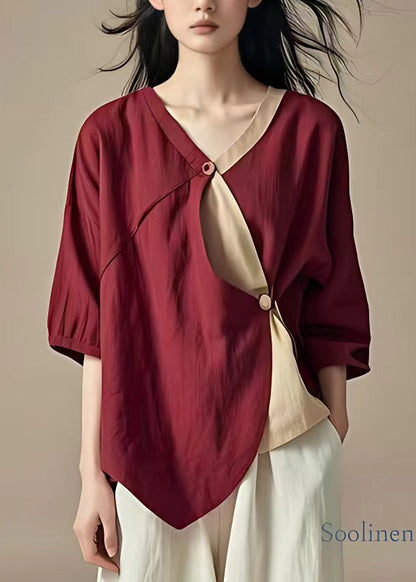 Organic Mulberry V Neck Asymmetrical Patchwork Button Shirt Summer