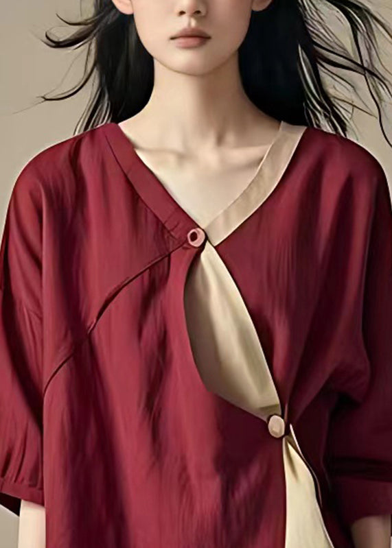 Organic Mulberry V Neck Asymmetrical Patchwork Button Shirt Summer
