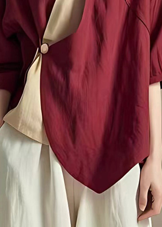 Organic Mulberry V Neck Asymmetrical Patchwork Button Shirt Summer