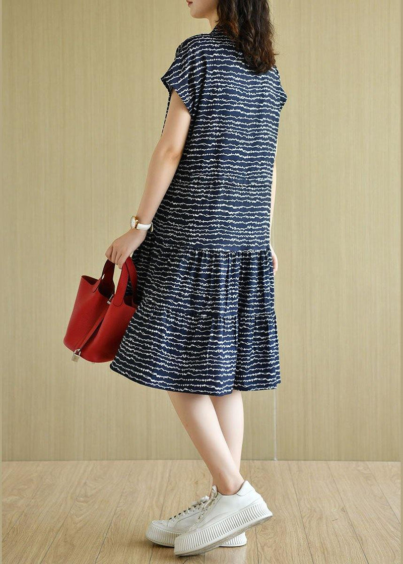 Organic Navy O-neck Button Print Summer Short Sleeve Dress