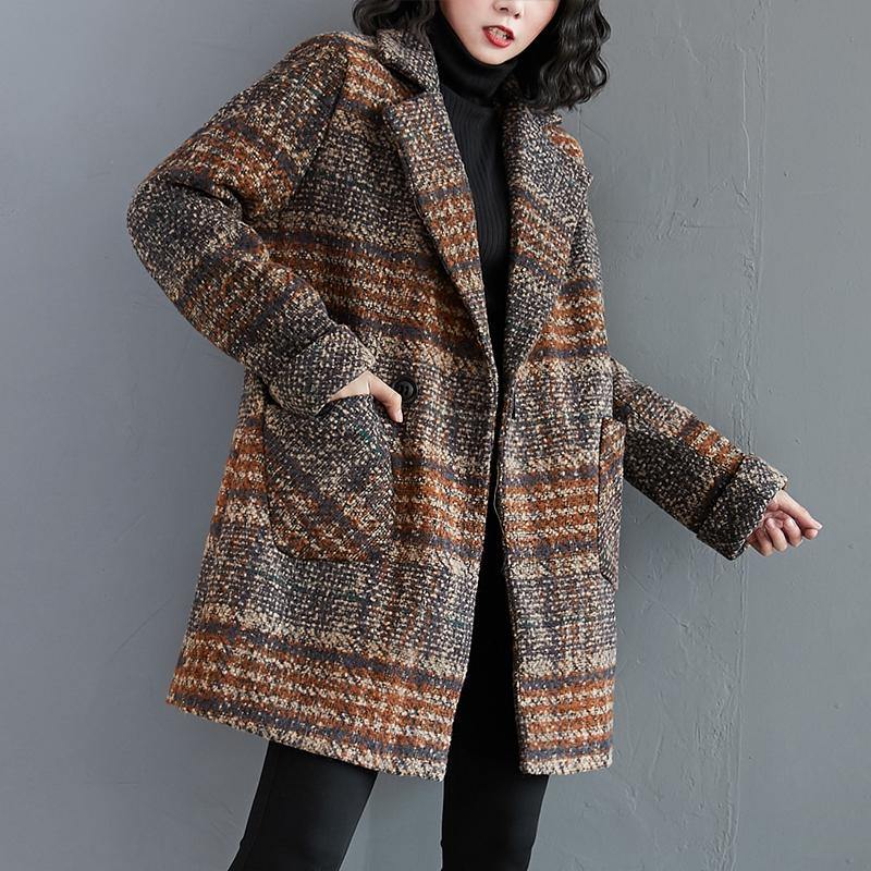 Organic Notched Pockets Tunic Pattern Blue Plaid Dresses Jackets