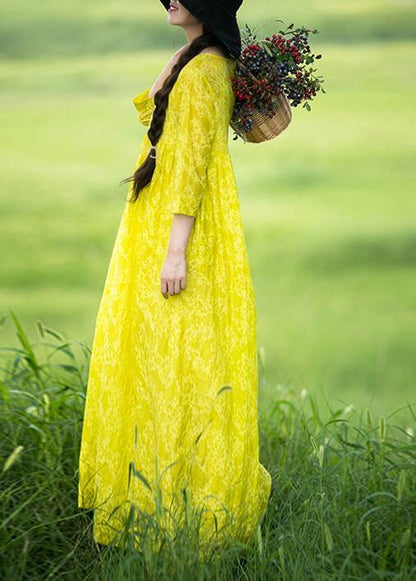 Organic O Neck Cinched Long Shirts Lnspiration Yellow Print Kaftan Dresses