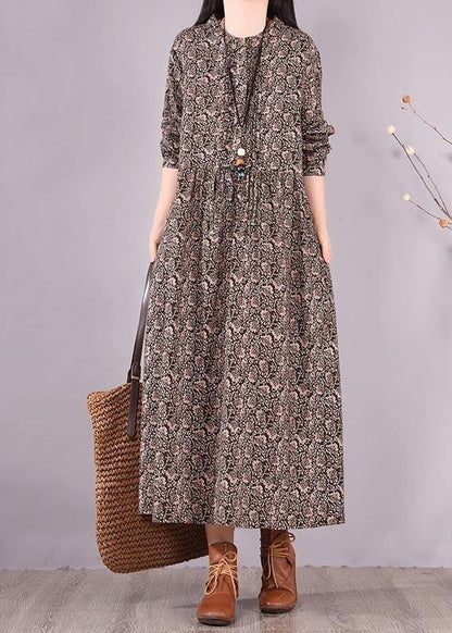 Organic O Neck Pockets Spring Tunics Shape Black Print Long Dress