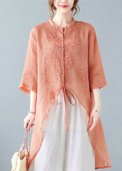 Organic Orange Embroideried Linen Shirt Top Half Sleeve