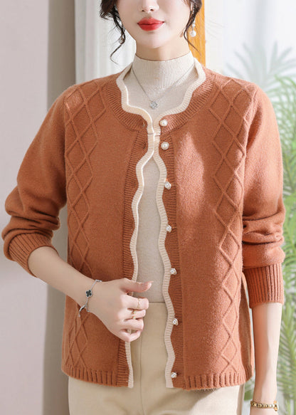 Organic Orange O-neck Button Cotton Knit Cardigans Fall