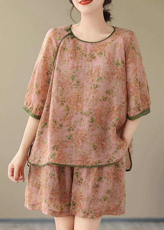 Organic Orange Print Side Open Top and Shorts Two Piece Set Short Sleeve