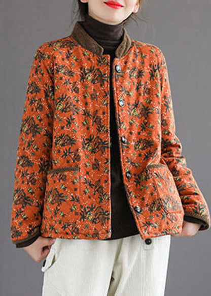 Organic Orange Stand Collar Print Warm Fleece Jacket in Winter