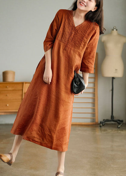 Organic Orange V Neck Wrinkled Linen Party Dress Half Sleeve