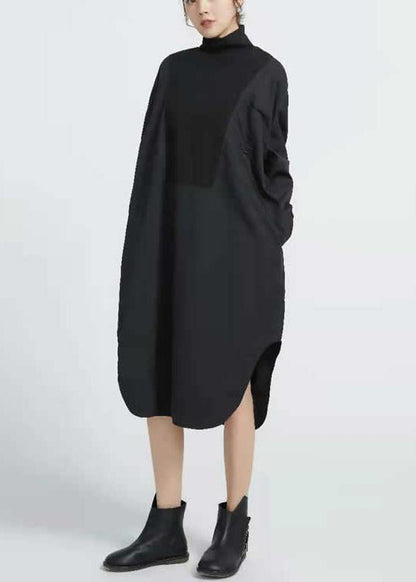 Organic Patchwork Cotton Asymmetrical Hem Black Maxi Dresses