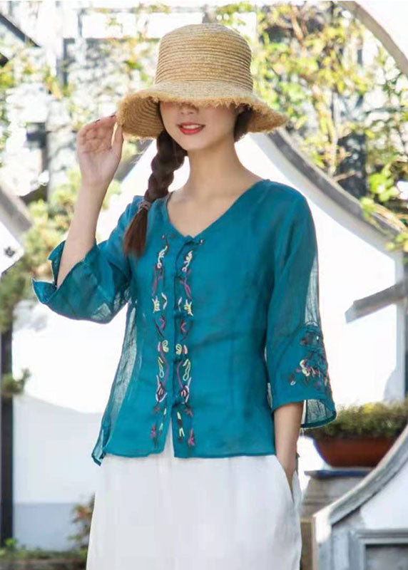 Organic Peacock Blue Embroideried Linen Top Three Quarter Sleeve