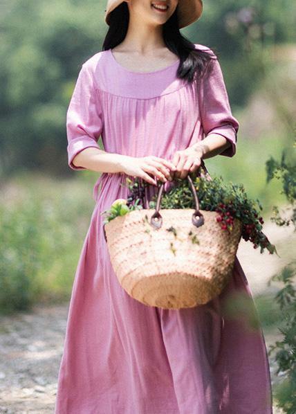 Organic Pink Clothes for O Neck Drawstring Summer Dresses