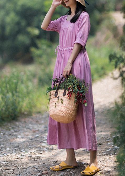 Organic Pink Clothes for O Neck Drawstring Summer Dresses