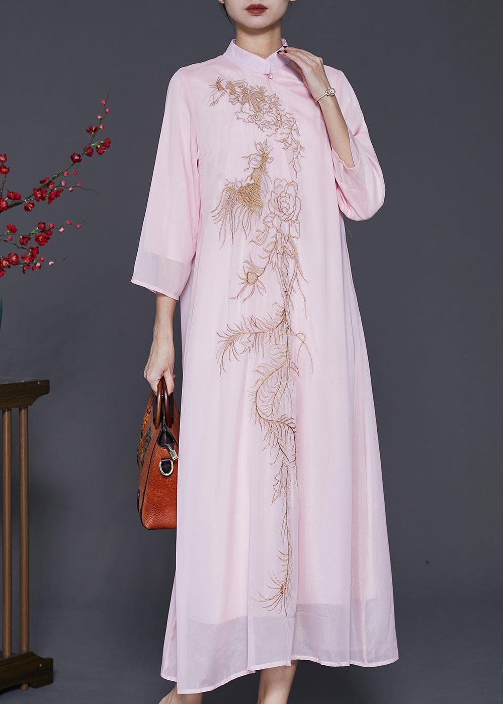 Organic Pink Embroidered Chiffon a Line Dress Bracelet Sleeve