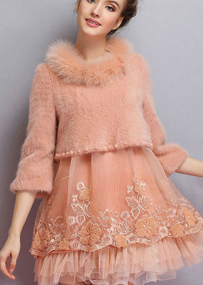Organic Pink Embroideried Nail Bead Winter Sweaters Dress