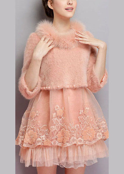 Organic Pink Embroideried Nail Bead Winter Sweaters Dress