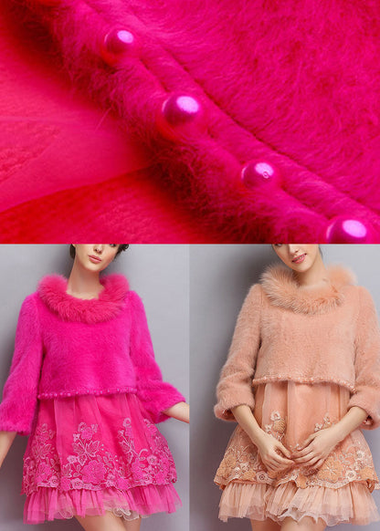Organic Pink Embroideried Nail Bead Winter Sweaters Dress