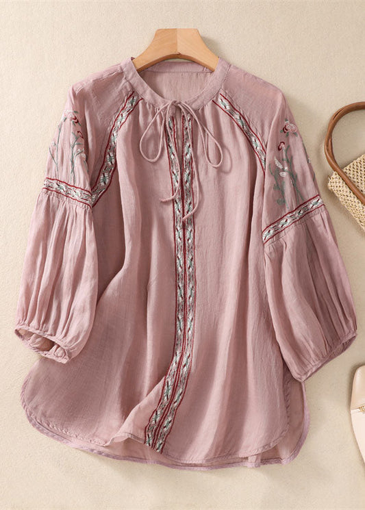Organic Pink Embroideried Patchwork Cotton Shirt Tops Bracelet Sleeve