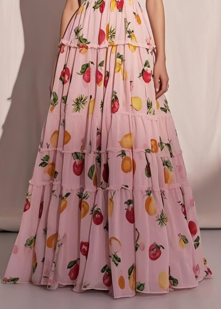 Organic Pink Fruit Print Exra Large Hem Chiffon Maxi Dresses Summer