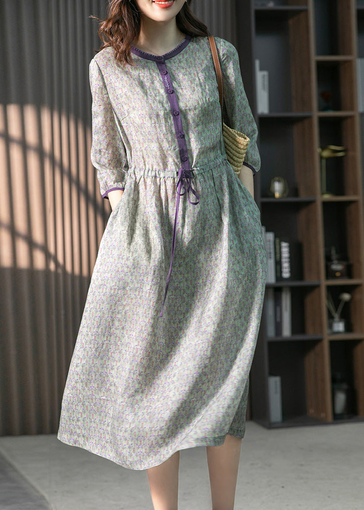 Organic Pink O-neck Print Drawstring Linen Maxi Dresses Summer