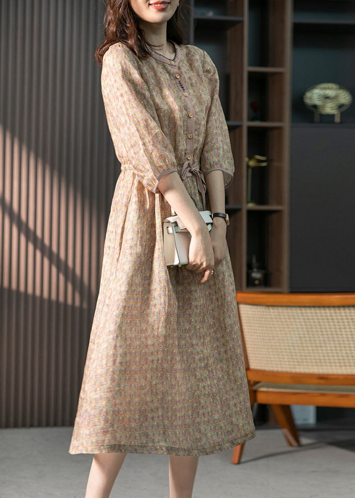 Organic Pink O-neck Print Drawstring Linen Maxi Dresses Summer
