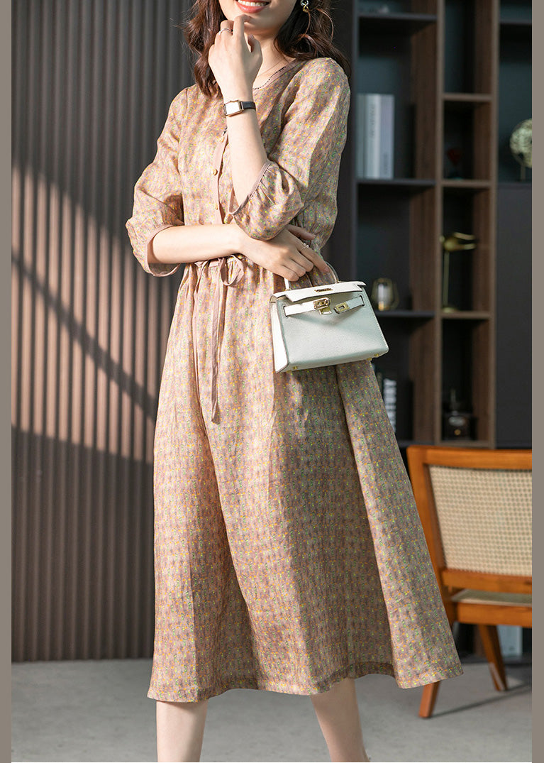 Organic Pink O-neck Print Drawstring Linen Maxi Dresses Summer