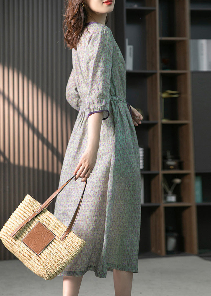 Organic Pink O-neck Print Drawstring Linen Maxi Dresses Summer