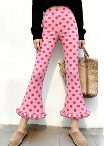 Organic Pink Ruffled Print Cotton Bell-bottom Trousers Summer