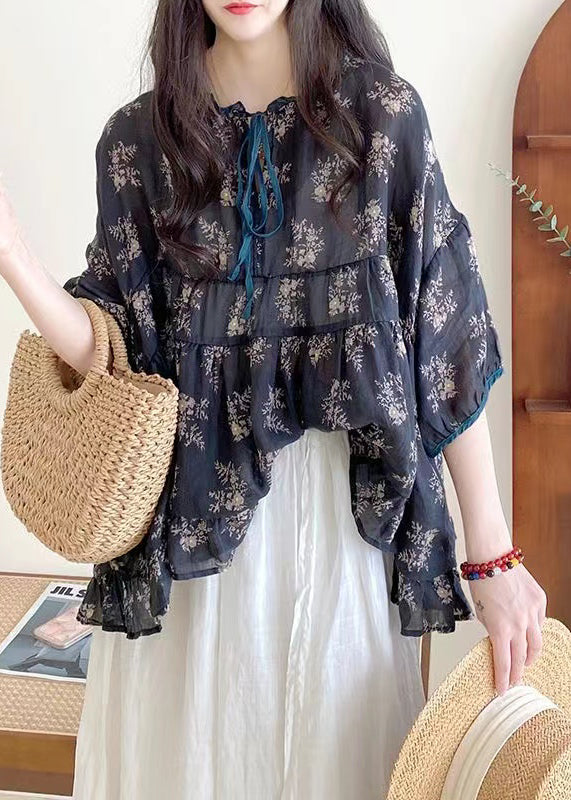 Organic Black Plaid Ruffled Print Lace Up Cotton Shirts Half Sleeve