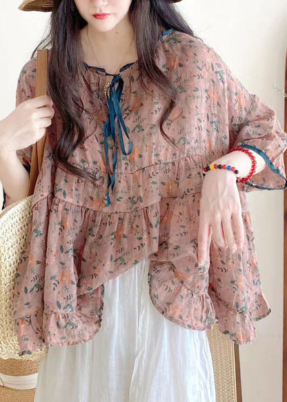 Organic Black Plaid Ruffled Print Lace Up Cotton Shirts Half Sleeve