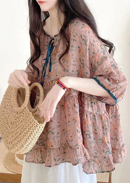 Organic Black Polka Dots Ruffled Print Lace Up Cotton Shirts Half Sleeve