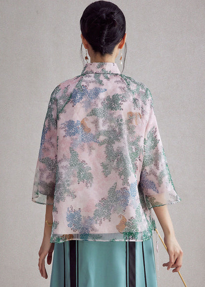 Organic Pink Stand Collar Print Organza Top Fall